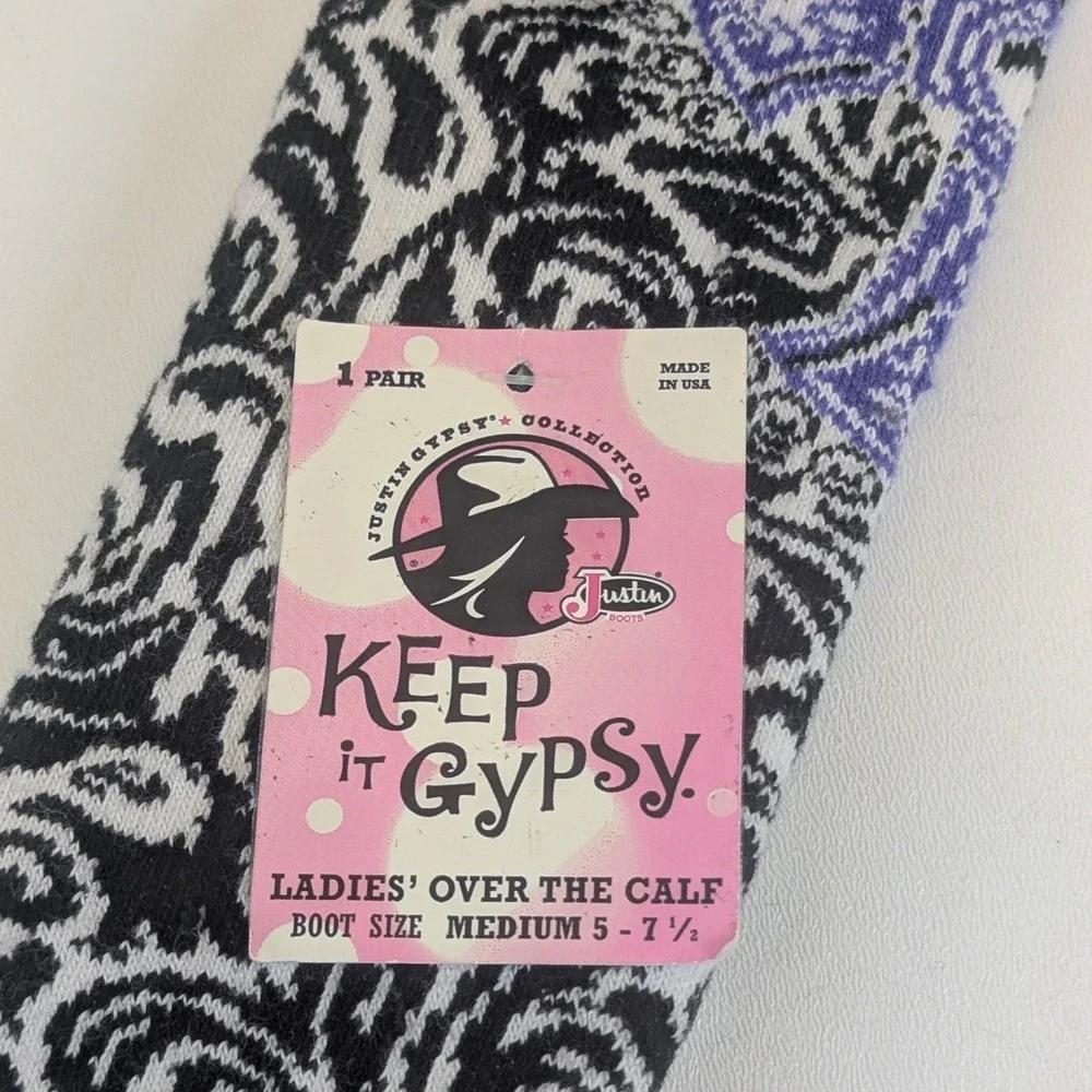 Justin Keep It Gypsy Ladies Over The Calf Boot Socks 3-Tone Paisley Purple Cross